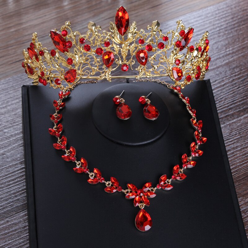 Baroque Vintage Gold Red Bridal Jewelry Sets with Tiaras Choker Crystal Rhinestone Necklace Earrings Set Wedding Crown: 3Pcs Jewelry Set2