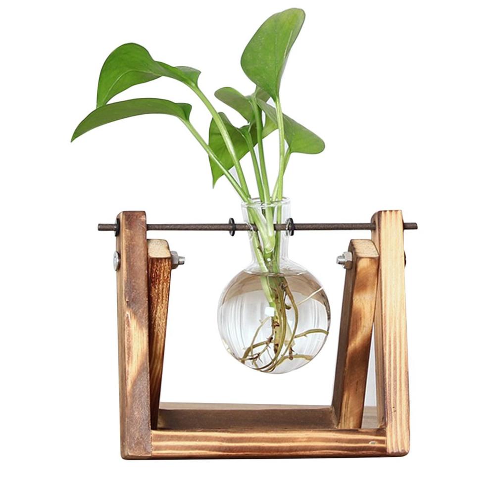 Desktop Glass Planter Bulb Vase with Retro Solid Wooden Stand and Metal Swivel Holder for Hydroponics Plants Home Office Decor: 1