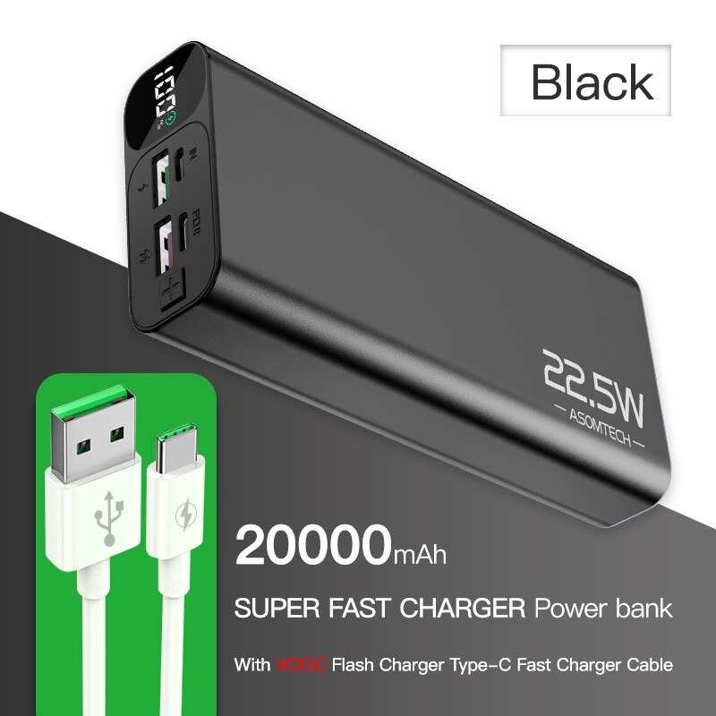 TOPZERO 20000mAh Power Bank PD QC 3.0 VOOC 22.5W Super Fast Charger Digital Display Portable Charger Powerbank For Mobile Phones: Black with VOOCcable
