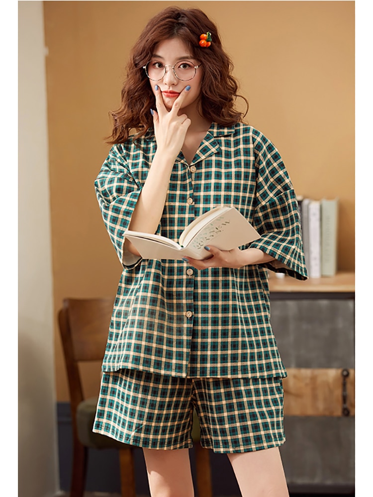 Bzel grønt plaid nattøjssæt løst dame afslappet hjemmetøj turn-down krave pyjamas blødt bomulds nattøj stor størrelse pijamas 3xl