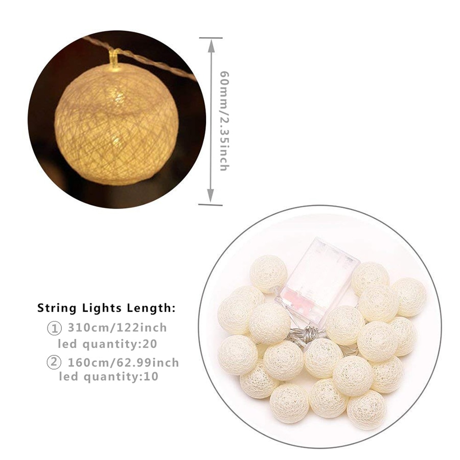 3m 20 lysdioder bomull ball string lys batteri bomull ball lyskjede varm hvit guirlande lumineuse julebelysning