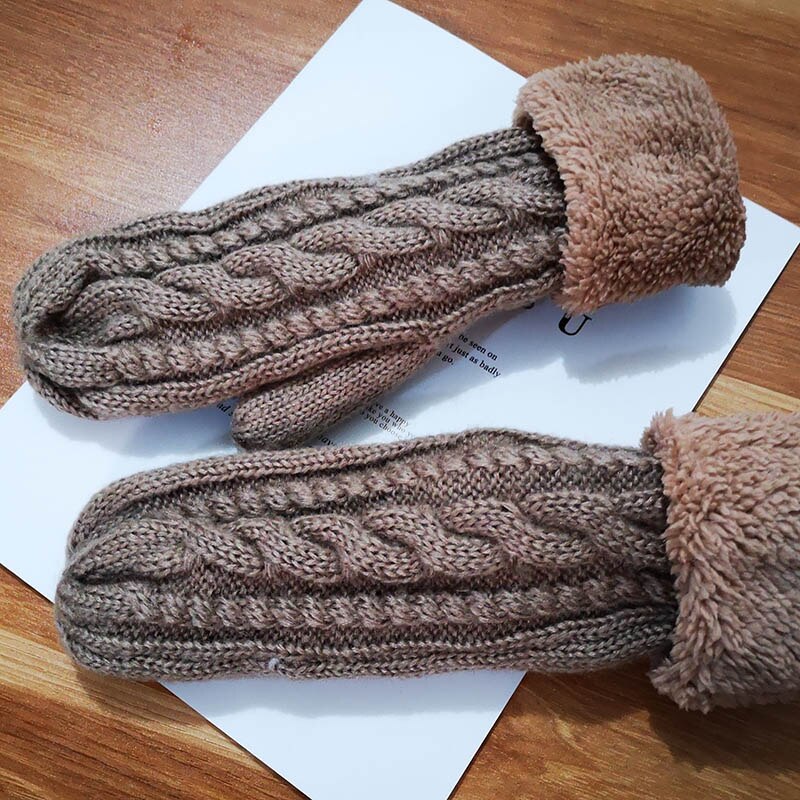 Kvinner strikker twist blomster votter vinter kvinnelig ull pluss kashmir fløyel fortykning varme helfingerhansker guantes  l45: Khaki