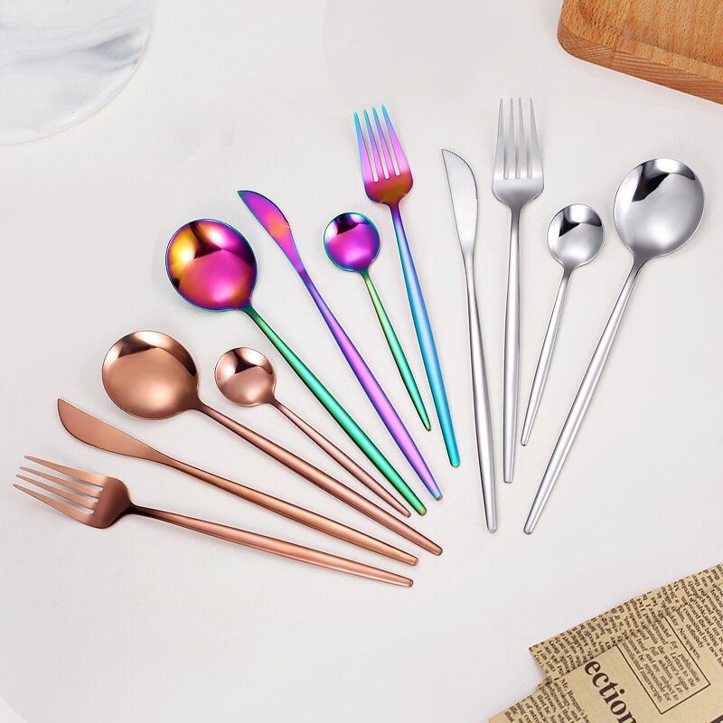 16Pcs/Set White Gold Cutlery Set Knives Forks Tea Spoon Dinnerware Flatware Stainless Steel Silverware Kitchen Tableware Set