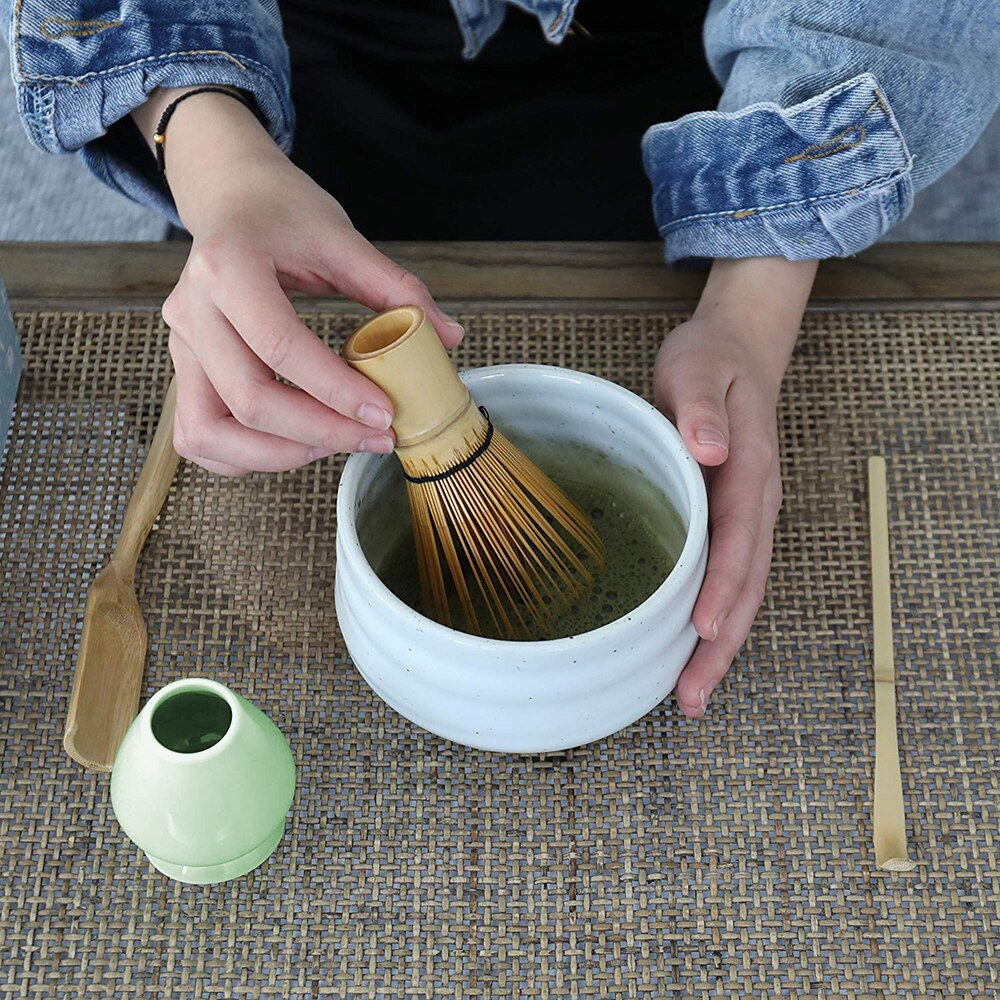 3 in 1 matcha keramisk teskål bambu te skopa matcha visp japansk tekanna te verktyg visp hållare japanska matcha tesatser