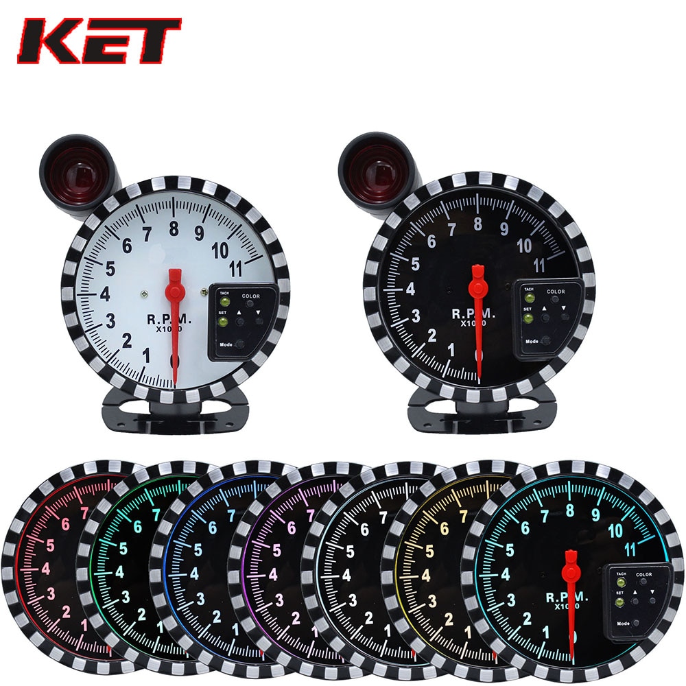 KET 5 Inch Car digital Tachometer Gauge RPM 11000K Gauge 7Color Backlight LED Shift Light rpm for 1-10 cylinder engine vehicles