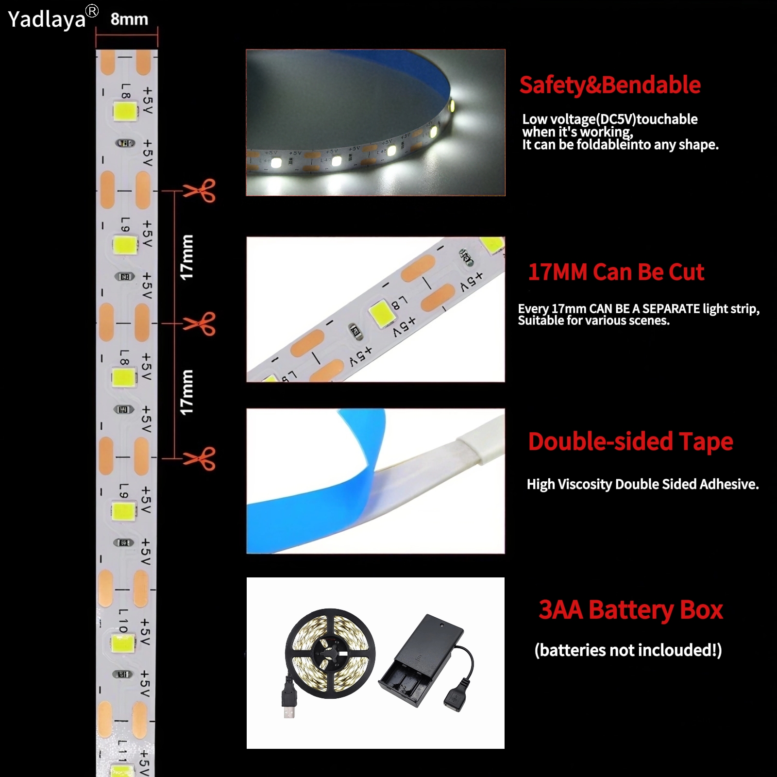 3AA Battery Power Led Strip Light SMD2835 50cm 1M 2M 3M 4M 5M Flexible Lighting Ribbon Tape White/Warm White Strip Backlight