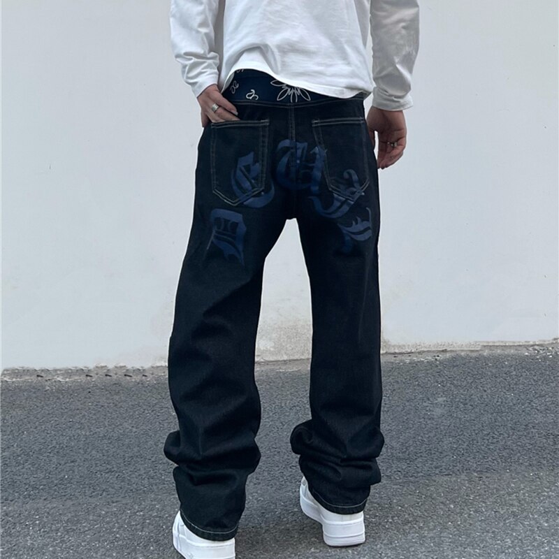 Gotiske bogstaver print jeans mænd hip hop patchwork streetwear oversized baggy jeans afslappede denim bukser løse vintage herre bukser