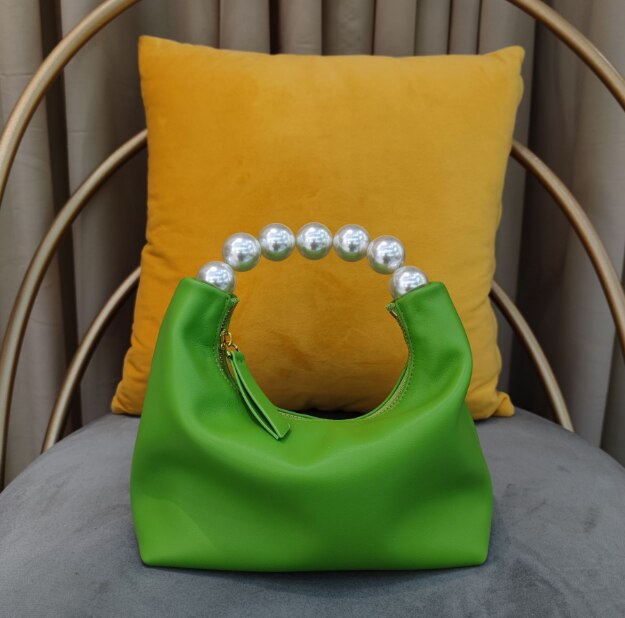 2022 Parel Kralen Handvat Handtas Paars Split Lederen Vrouwen Schoudertas Kleine Keten Crossbody Tas Yelllow: Green