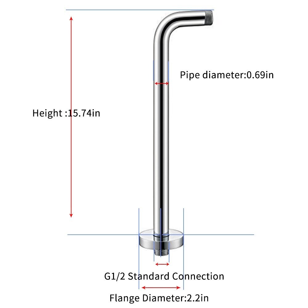 L-Shaped Shower Arm Extension With Flange 16 Inch Length Stainless Steel in Polished Chrome Replacement for Rainfall Shower Head