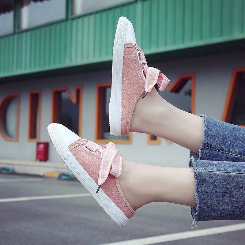 Zapatos planos Mule para primavera Otoño, zapatillas blancas rosas para mujer, zapatos Mules de PU a la con tacón plano, calzado de goma Mule