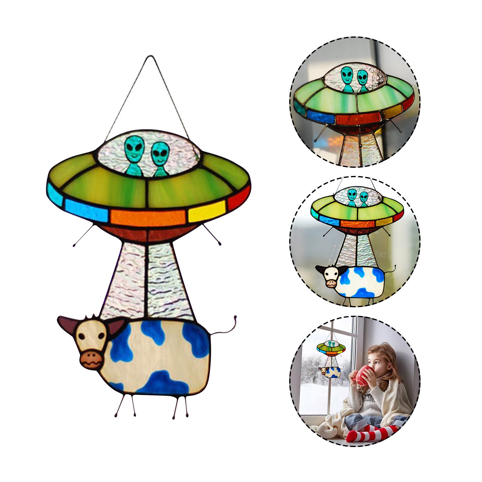 Fun Cow and Aliens Shape Art Stained Glass Hanging Panel with Chain Decoration For Door Window