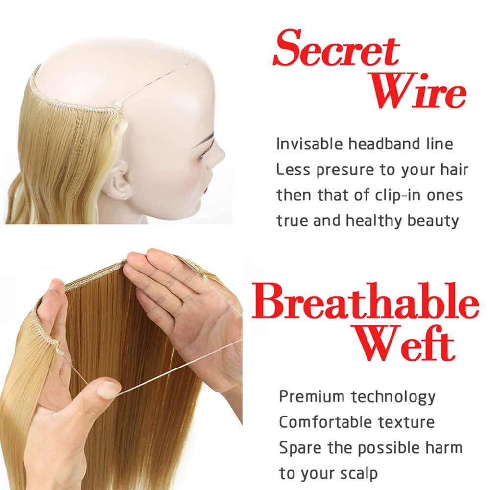 Lang krøllet/lige 24 tommer kvinder fish line hair extensions brun naturlig bølget lang høj temperatur fiber syntetisk hårstykke