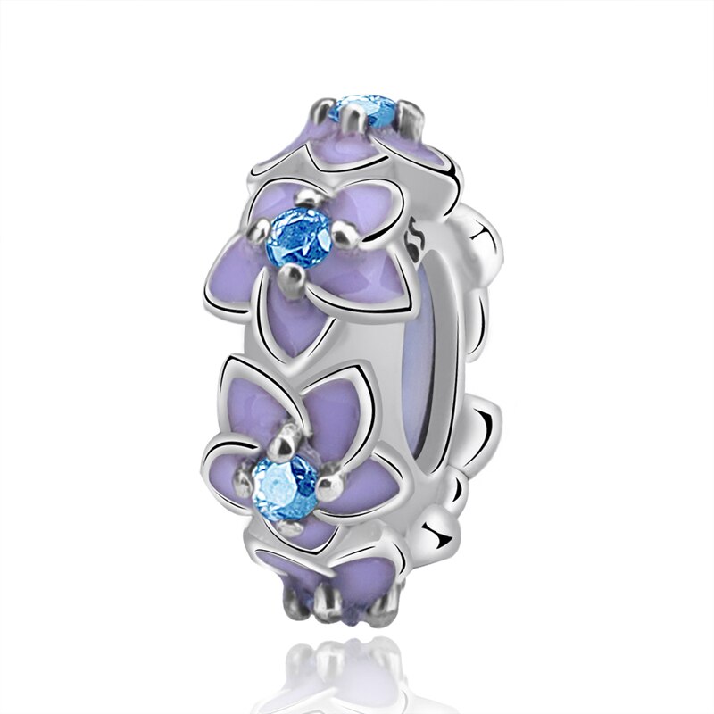 Authentic 925 Sterling Silver Smooth Round Spacer Stopper Beads Fit Original Bracelets For Jewelry making: Purple Flower
