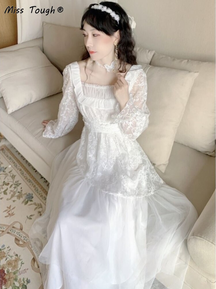 Vintage Evening Party Long Dress Women Lace France Retro Princess Fairy Dress White Korea Sweet Dress Female Summer 2022