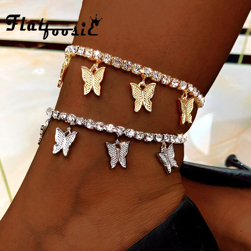 Flatfoosie Goud Zilver Kleur Tennis Enkelband Armband Voor Vrouwen Bling Crystal Butterfly Hanger Enkelbandje Zomer Mode Voet Sieraden