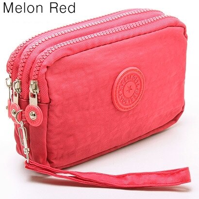 Coin Purse Women Small Wallet Washer Wrinkle Fabric Phone Purse Three Zippers Portable Make Up bag: melon red bag