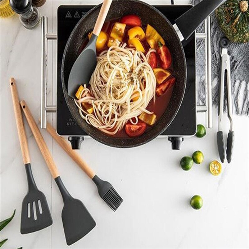 9Pcs Silicone Cooking Utensils Set Non-stick Spatula Shovel Wooden Handle Cooking Tools Set with Storage Box Kitchen Tools