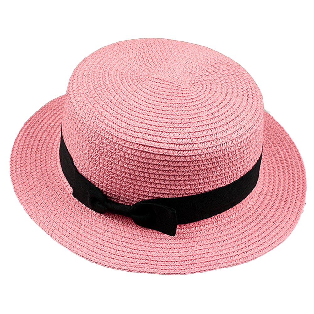 Betoverende opvouwbare unisex strik ronde platte rand strohoed zomer strandpet: Roze