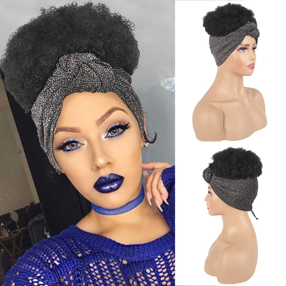 Deyngs-peluca envolvente de turbante 2 en 1, bandana Afro acolchada, moño corto, rizado, con cordón, peluca sintética, envoltura para cabeza, Afroamericana: 128 1B