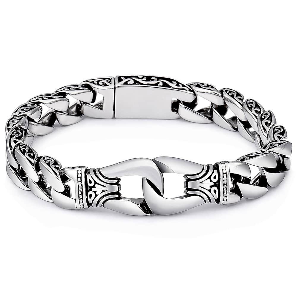 Mens Bracelet 316L Stainless Steel Silver Color Curved Curb Link Chain Bracelets for Men Davieslee Jewelry 15mm HB10