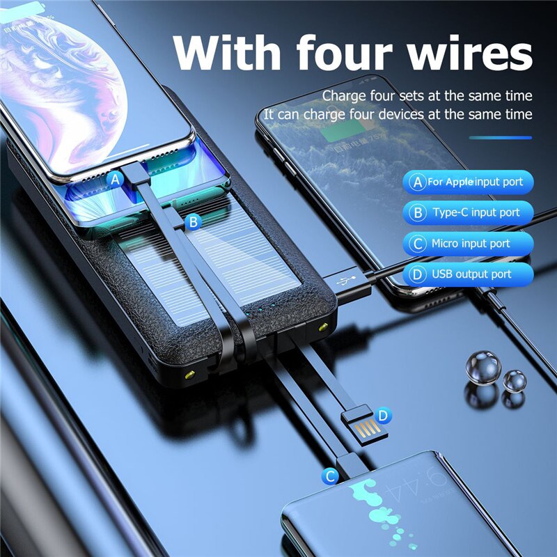 100000 Mah Solar Power Bank Draagbare Opladen Powerbank Externe Batterij Oplader Powerbank Met 4 Kabels Led Zaklamp