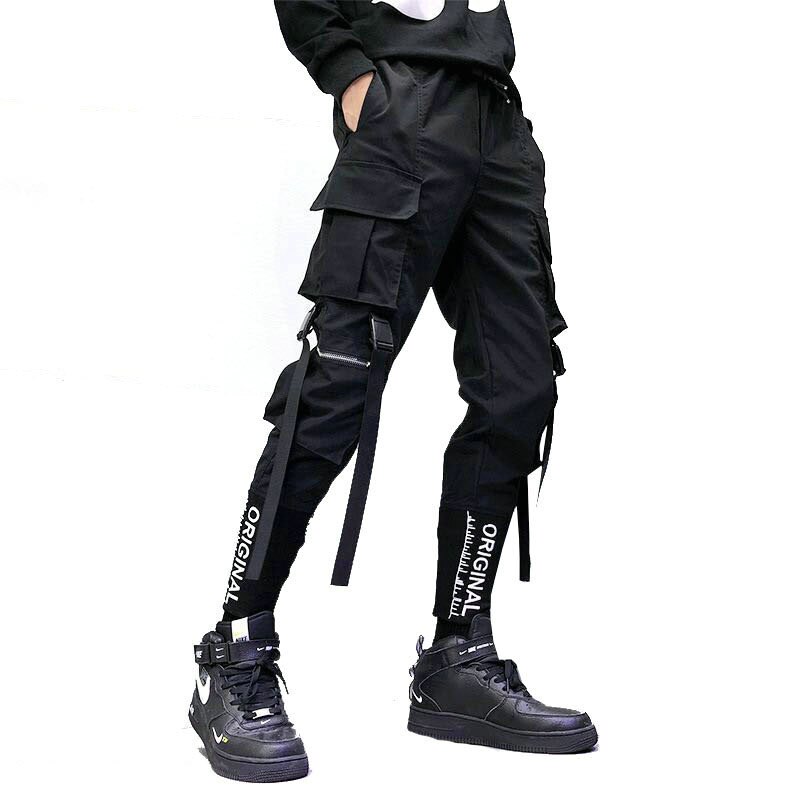De los hombres de la Hip-Hop pantalones Streetwear cinta de los hombres de ocio pantalones de bolsillo pantalones de cintura elástica pantalones Streetwear