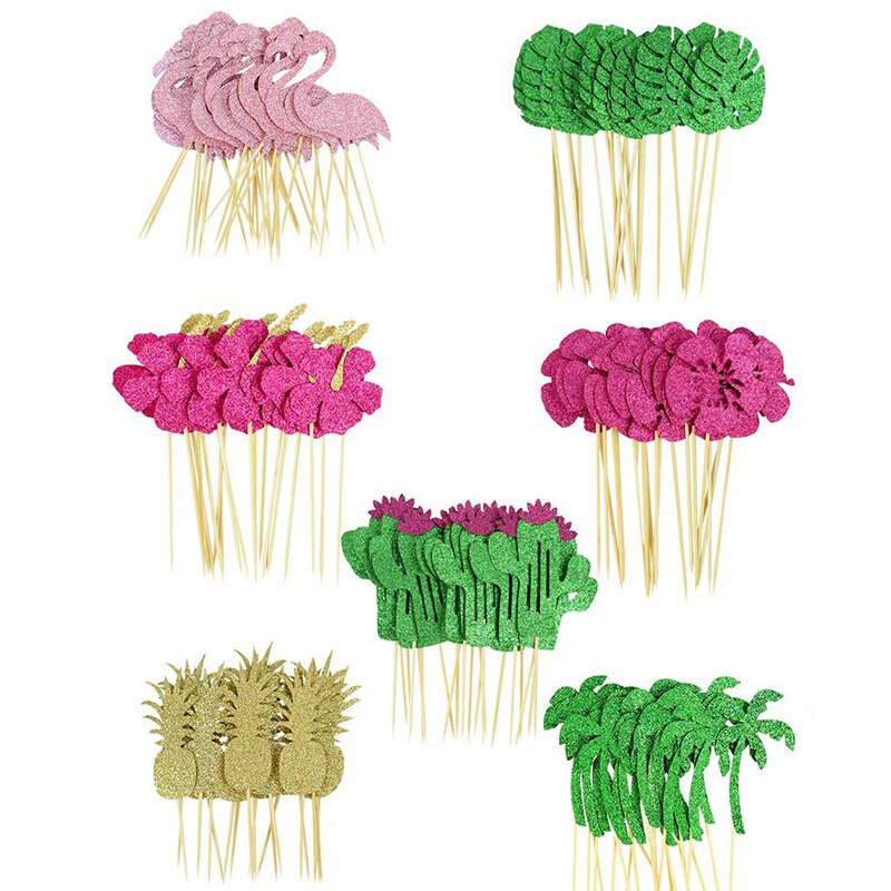 10pcs Glitter Paper Cake Topper Coconut Flamingo Cactus Flowers Leaf Cupcake Toppers Baking Decor Birthday Hawaii Party Supplies