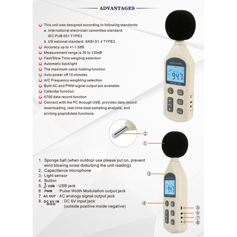 Decibel Meter Digital LCD Sound Level Meter 30-130DB(A/C) Range Portable Noise Tester DB Meter Decibel Measurement