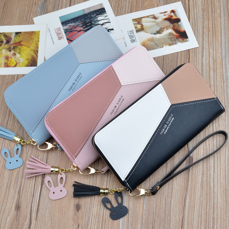 Women Long Wallets Zipper Pink Phone Pocket Purse Card Holder Patchwork Girl Handbags Lady Tassel Short Coin Purse