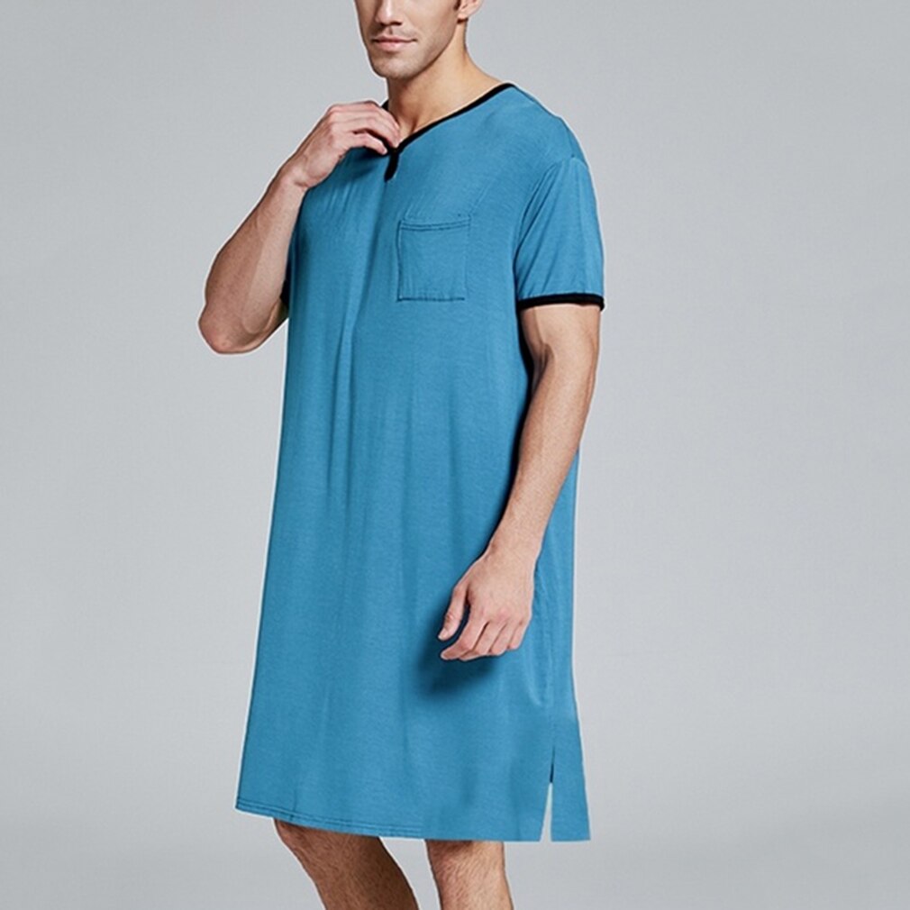 Men's Summer Cotton Long Shirt Short Sleeve Nightwear Big Tall Plus Size Comfy Housewear