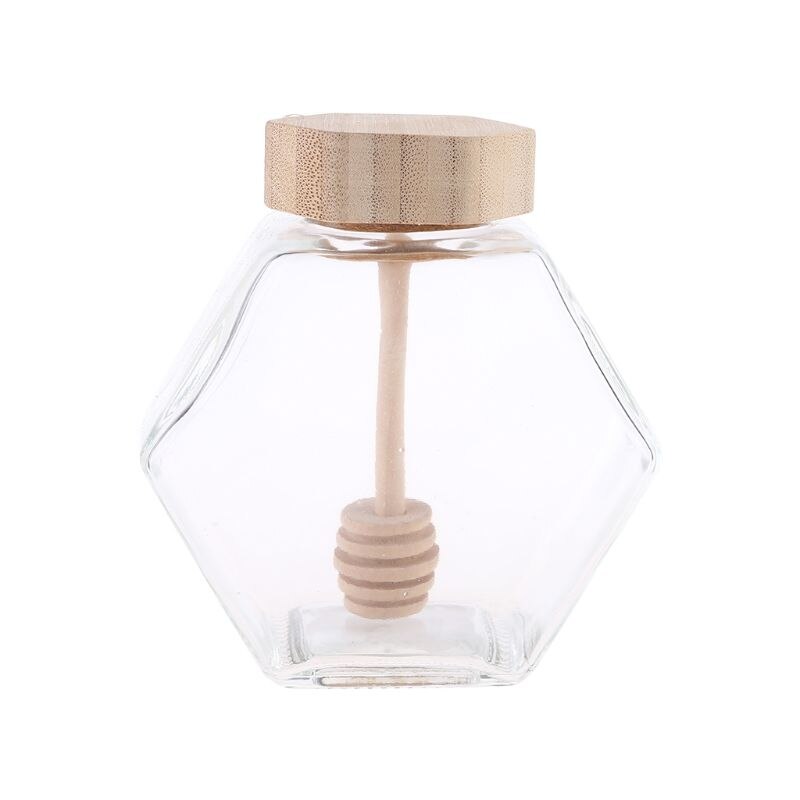 Pot de miel en forme d'hexagone, Pot de miel en verre, avec Dipper en bois et couvercle en liège, pour la cuisine à la maison, transparent
