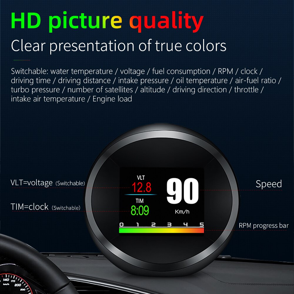 ODB2 GPS double système voiture compteur numérique intelligent écran couleur affichage de les Dates P11 sécurité HUD ODB2 rond tête haute