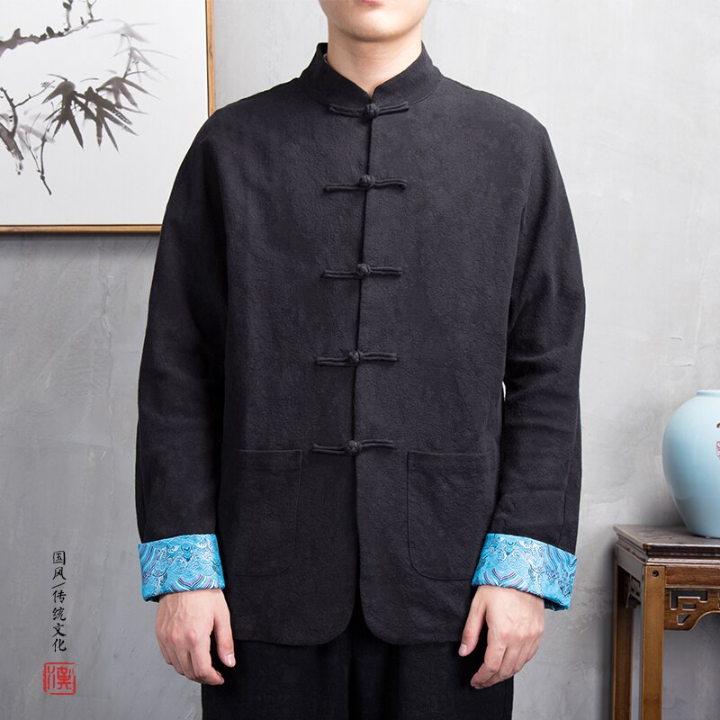 Chinese Style Men'S Cotton And Linen Jacket Middle-Aged Retro Long-Sleeved Linen Chinese Style Buckle Top Hanfu