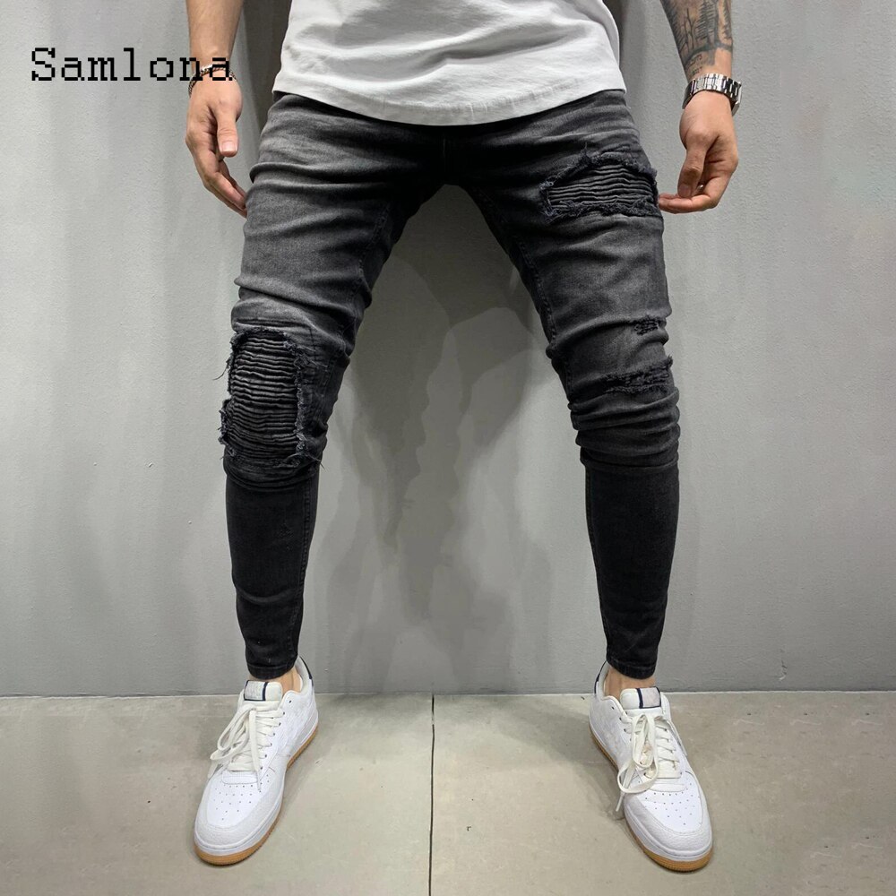 mager jeans herre denim bukse herre skrog revet bukser streetwear menn glidelås denim bukse blå hofte hopp blyantbukser