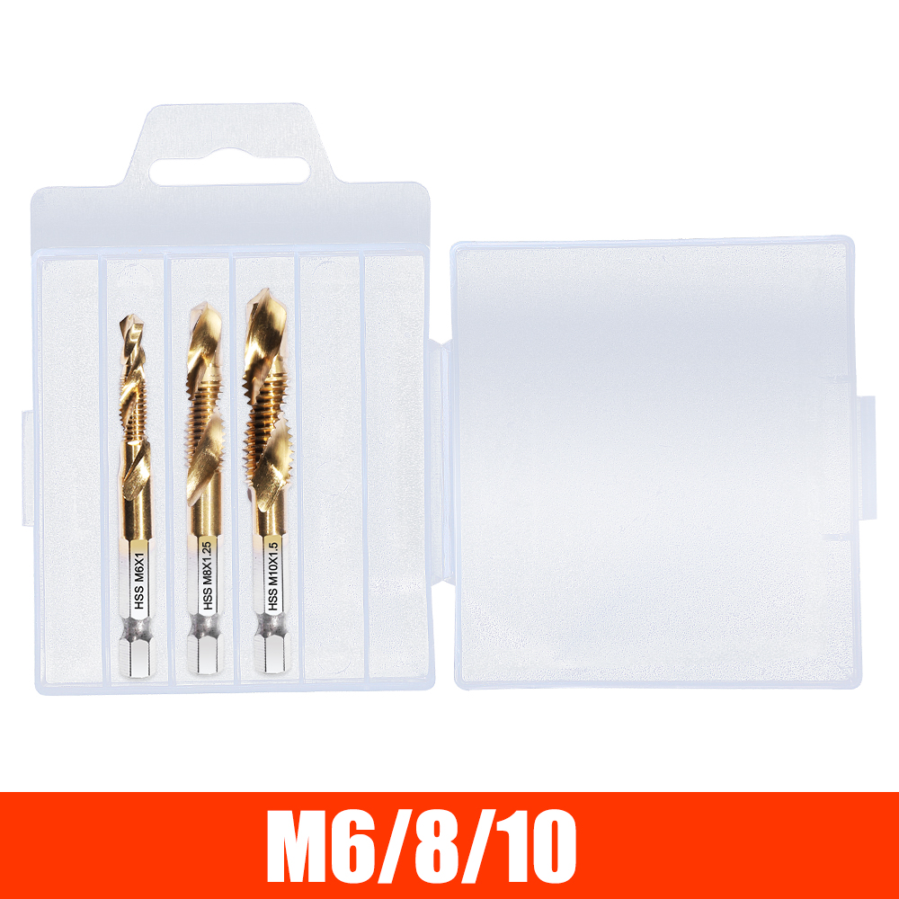 M3 M4 M5 M6 M8 M10 Titanium Tap Drill Bit Set Hex Shank HSS Screw Thread Metric Combination Drill Bits Compound Hand Tools: 3PCS  Gold / Lengthen