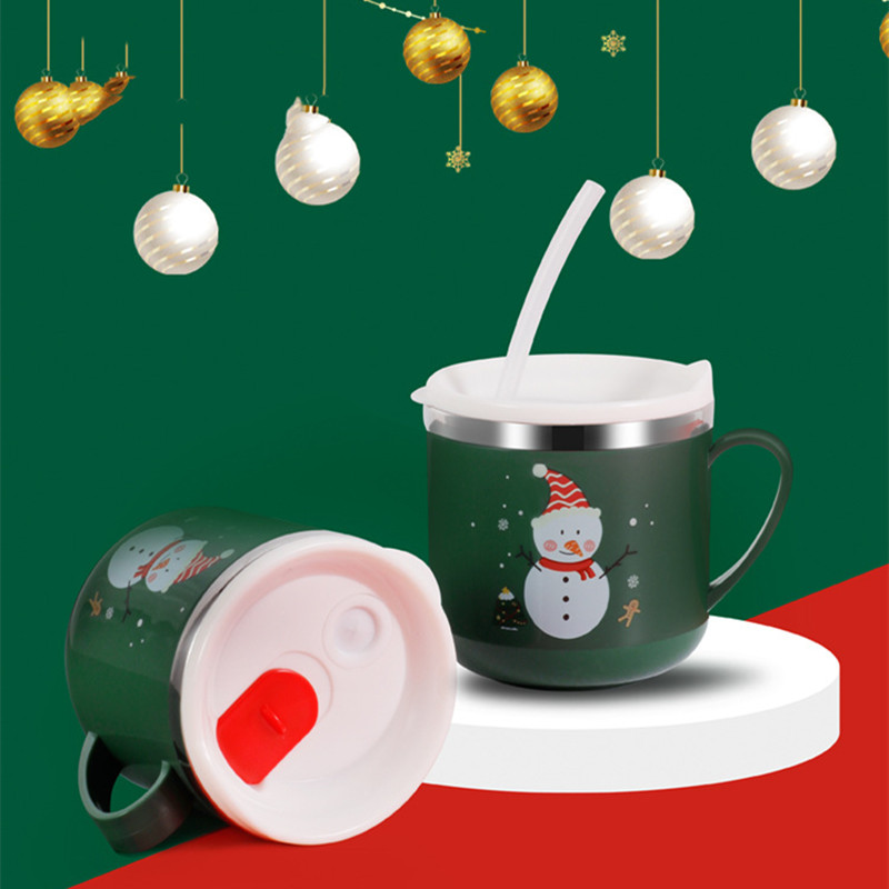 Tasse à lait avec paille pour enfants, en acier inoxydable, avec couvercle, pailles en Silicone réutilisables: snowman green
