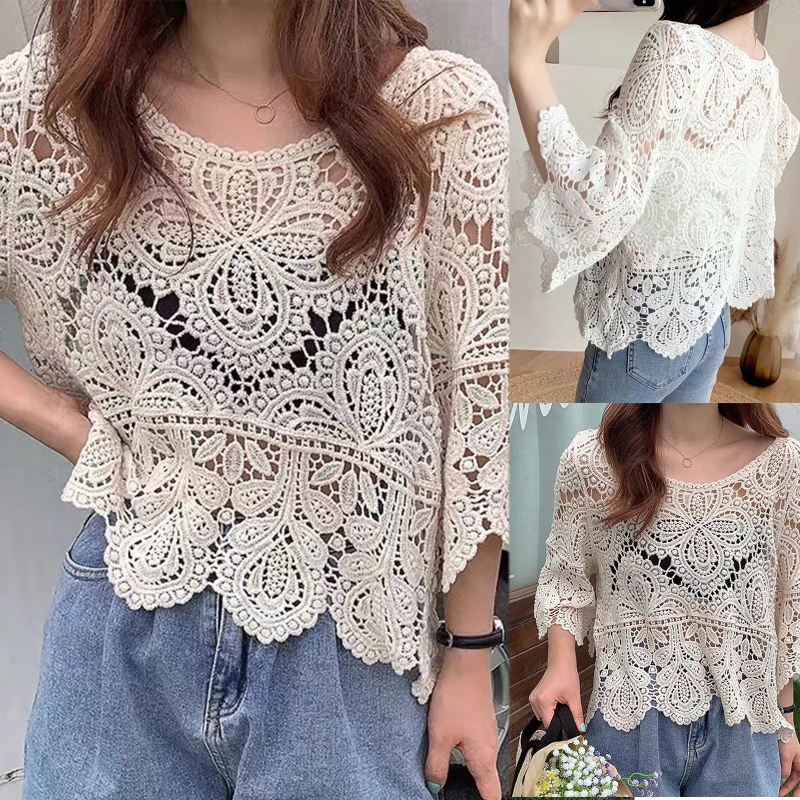 Sommer, uthulet heklet strikkegenser med blomsterprint, gjennomsiktig rund hals, slengt, 3/4- ermet crop top med skuldertrekk for kvinner
