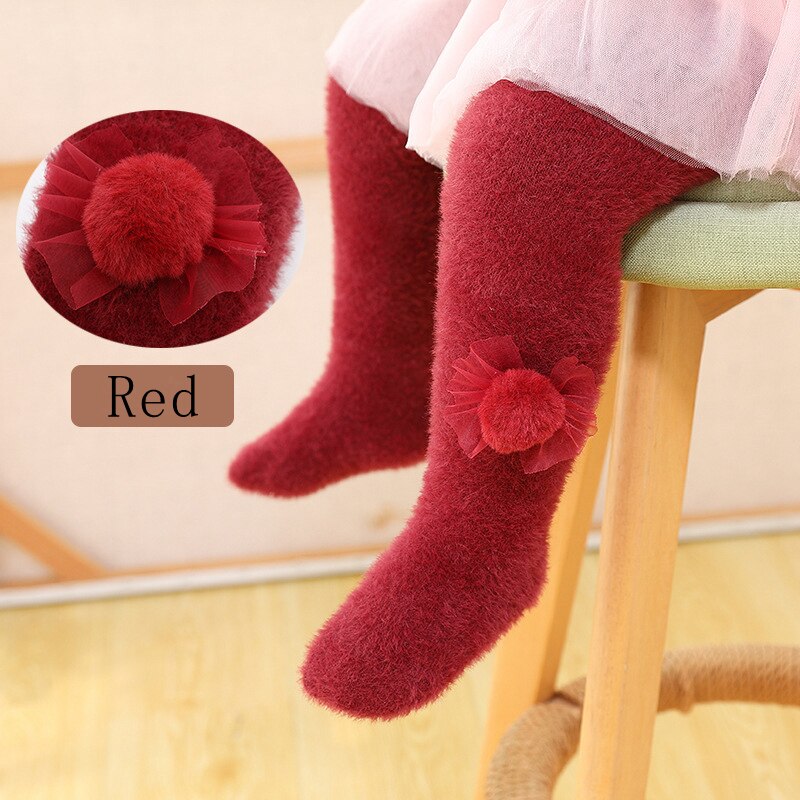 Kevät vauvan sukkahousut lasten tyttöjen sukat pehmustetut sukkahousut lapsille säärenlämmittimet pompom kukka tiukat vauvan likaiset värihousut: Punainen / 65-75 cm korkeus