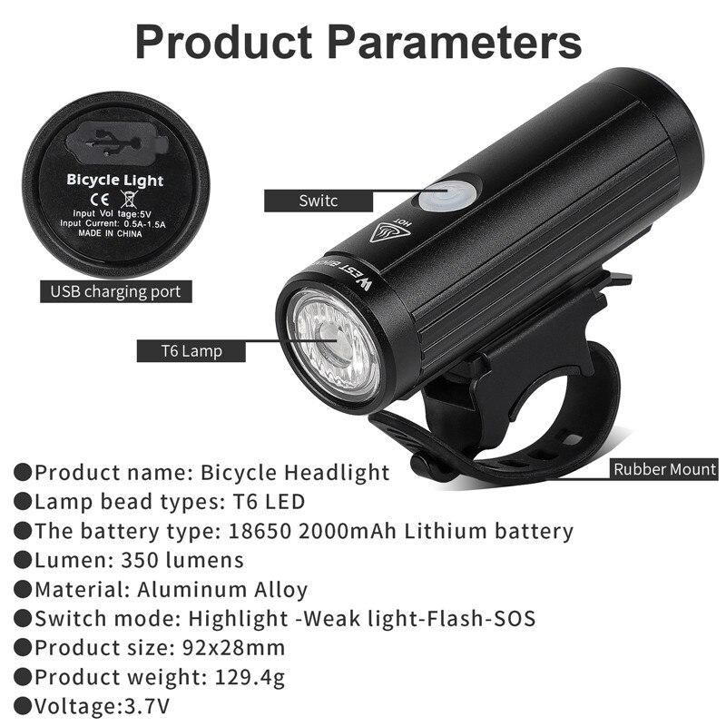 West Fietsen 2000Mah 350LM Fiets Licht Waterdicht Anti-Glare Mtb Fiets Lamp Usb Oplaadbare Led Fietsen Koplamp Achterlicht