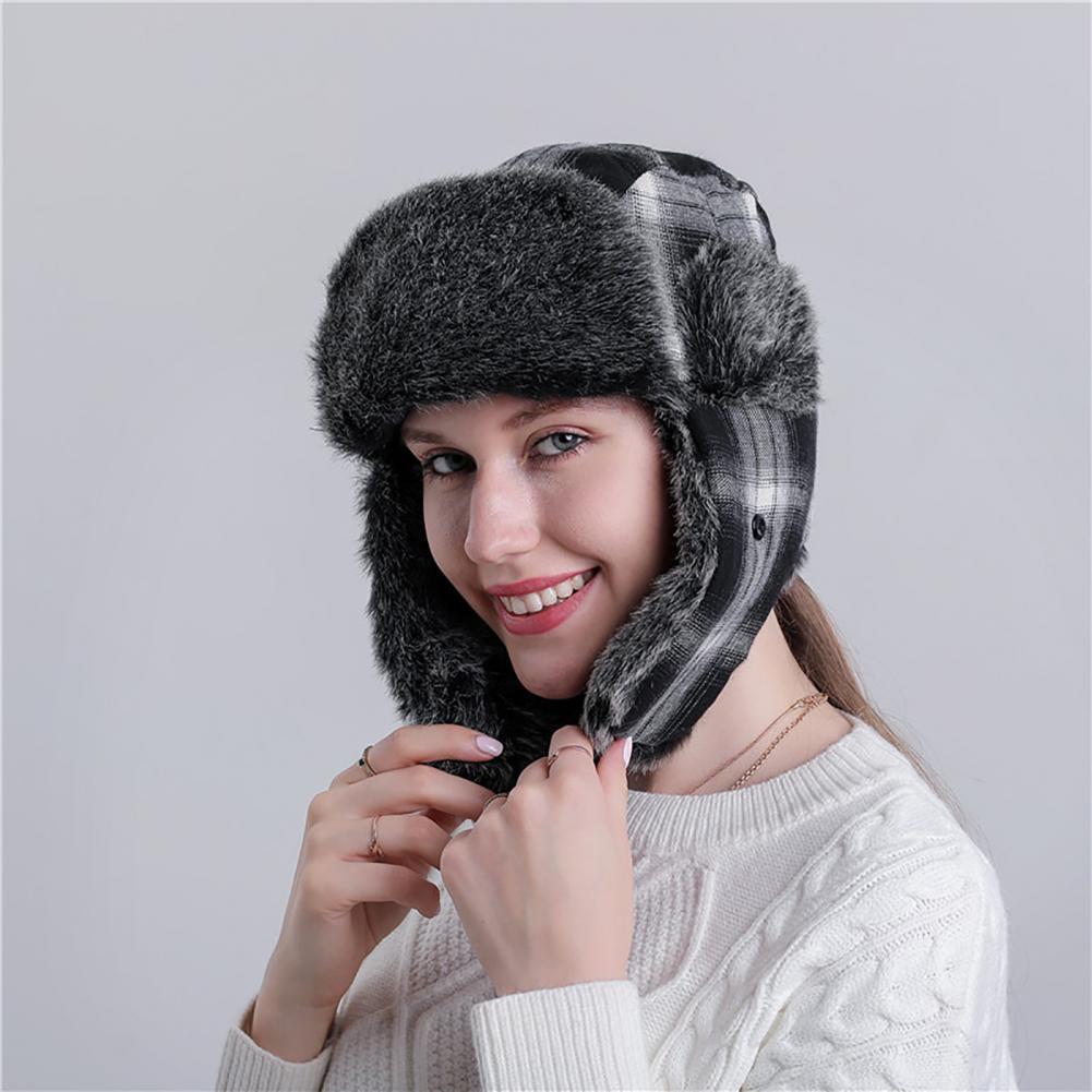 Bomber Hats For Women Men Modern Ear Warmer Thick Winter Lei Feng Plaid Trapper Hat for Cycling Winter Windproof Caps Black