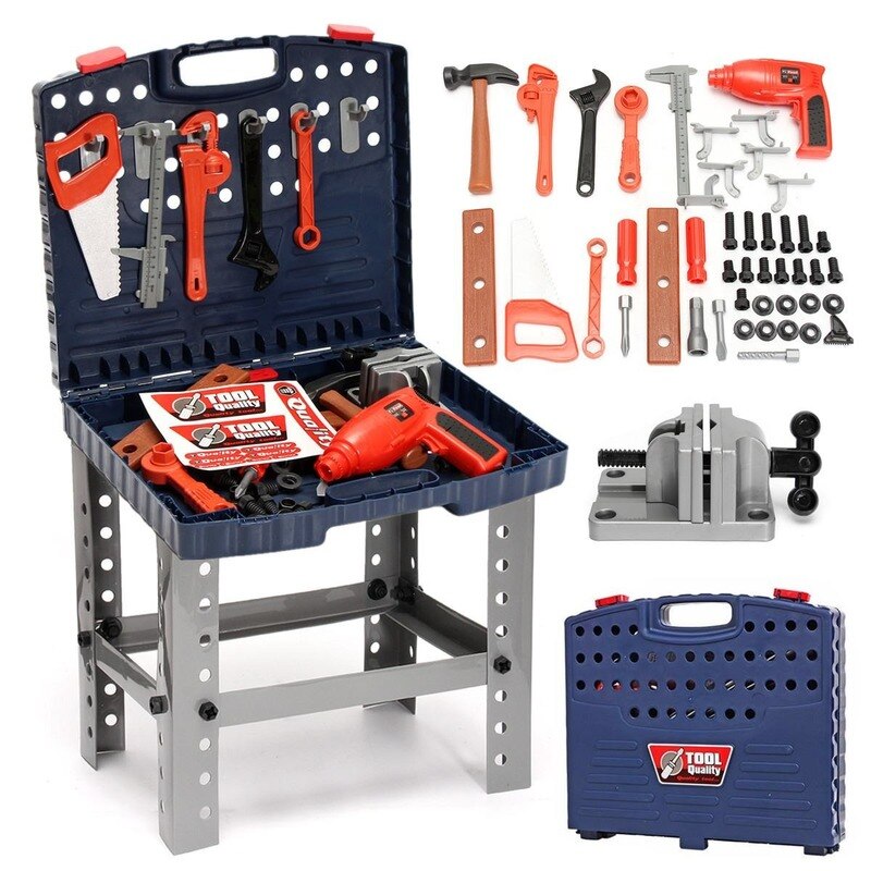 69Pcs Kinderen Tool Box Opvouwbare Werkbank Met Reparatie Tools Set Mutifunctional Kids Baby Rollenspel Speelgoed Plastic handgereedschap