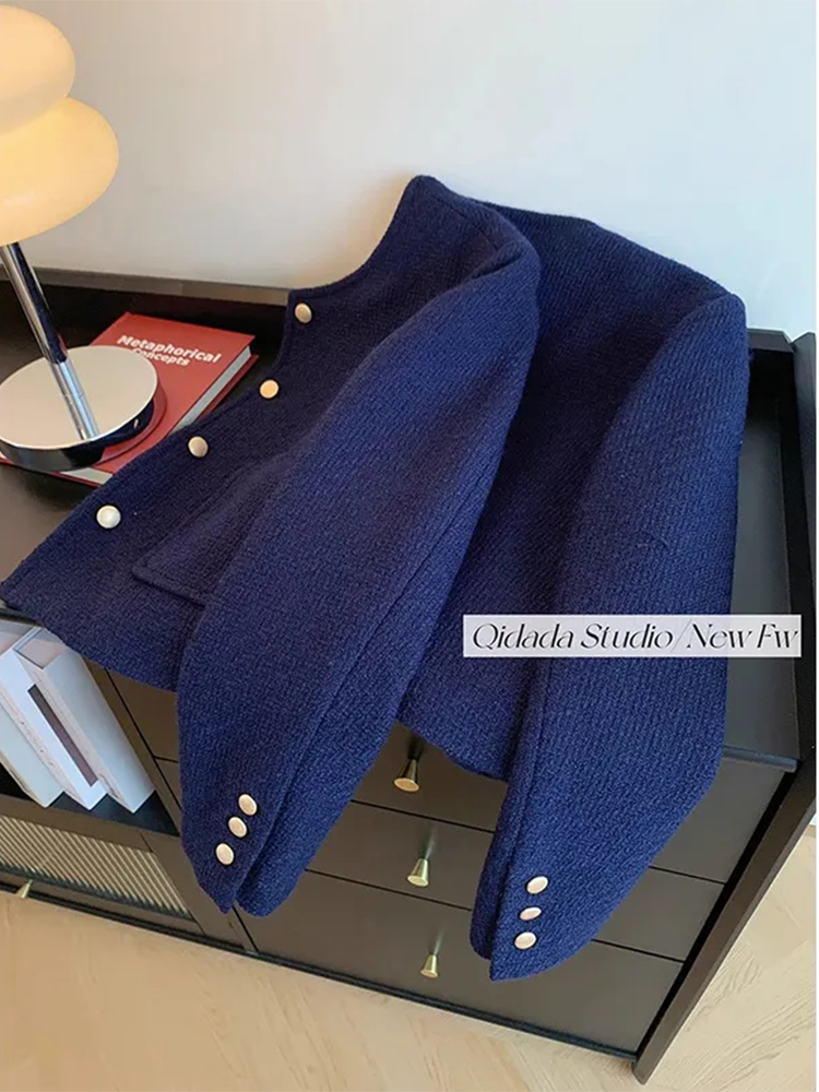 Casaco curto feminino com mistura de lã de peito único, casacos casuais, casacos clássicos, tops elegantes, estilo coreano, azul escuro