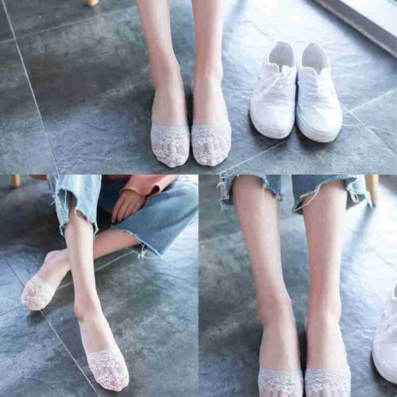 Calcetines náuticos de encaje para mujer, de silicona, antideslizantes, finos, de algodón, transpirables, cortos, florales, bordados, C6P0