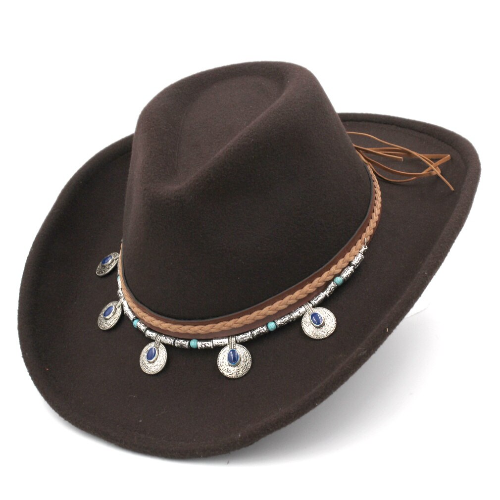 Munng Unisex Retro Western Equestrian Cowboy Hat Cattleman Riding Upturn Wide Brim Cowgirl Cap Beading Braided Hatband: Coffee