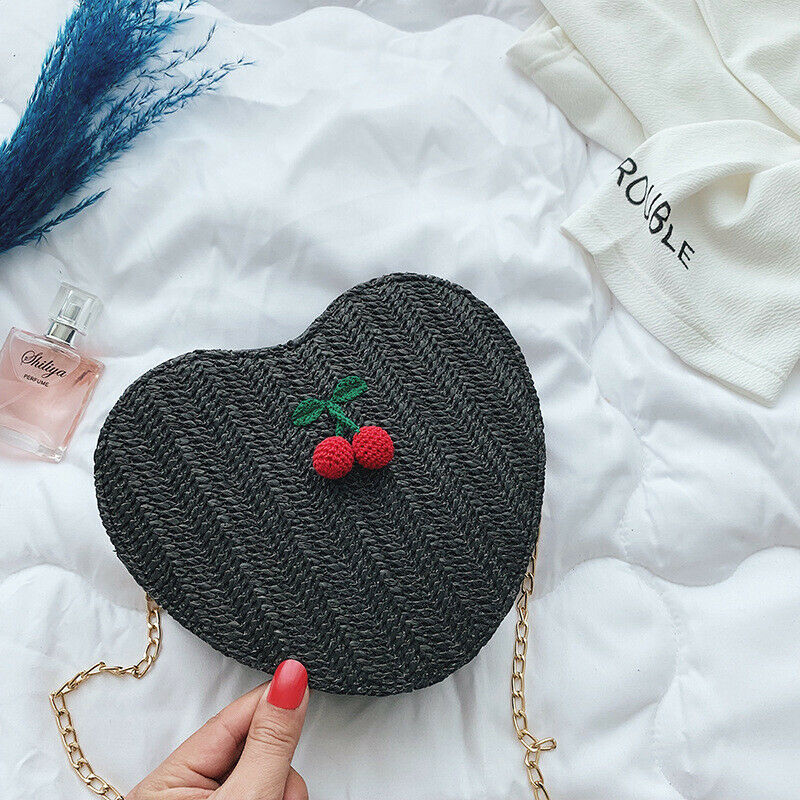 Dames stro strand rotan schoudertas ronde pluizige rieten geweven tote handtassen: Zwart