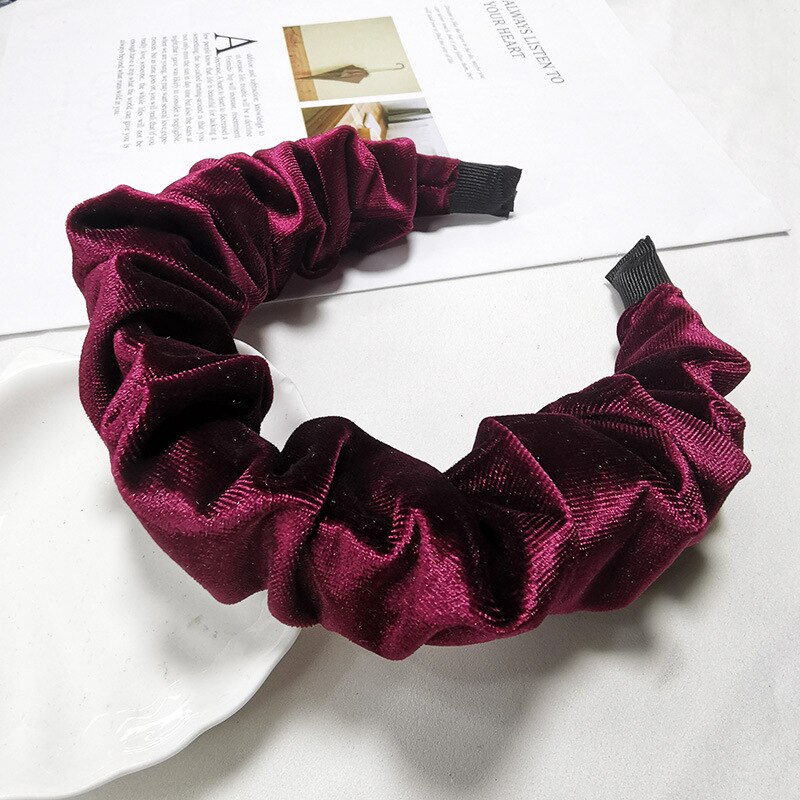 1 pc Women Grils Velvet Bezel Hairband Headband Hair Accessories Female Folds Vinage Bubble Hairhoop Headwrap Headwear: Wine