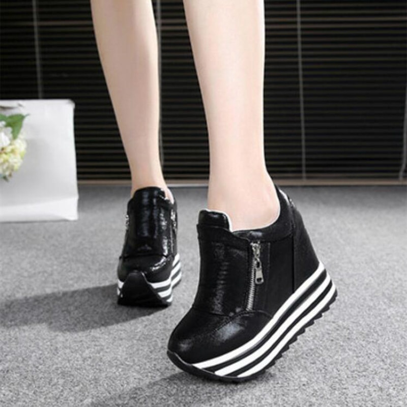 Spring wedges skor kvinna plattform sneakers dragkedja skor dold häl höjd ökande fritidsskor för kvinnor 35-39 w7