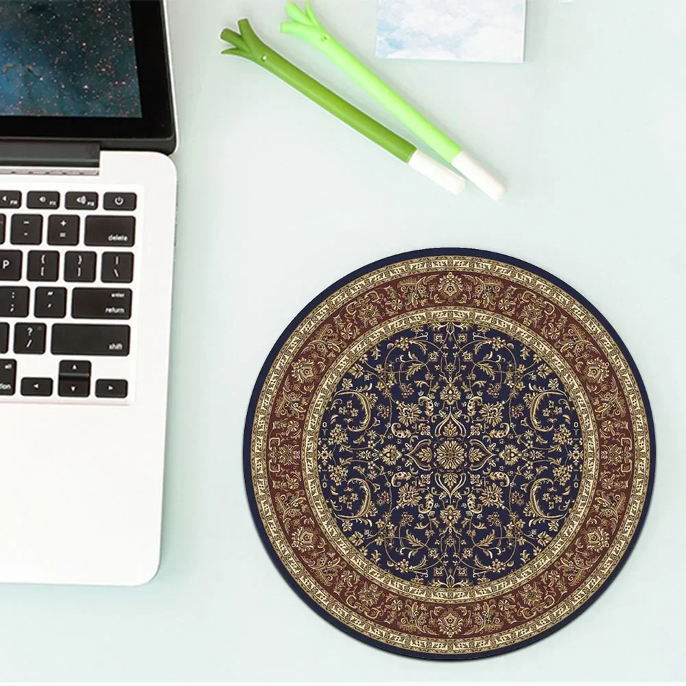 Round Mini Persian Carpet Pattern Mouse Pad Table Rug Anti-slip Mat Desktop 22x22cm Game Computer Mat Gaming Keyboard Gamer Rugs: Khaki