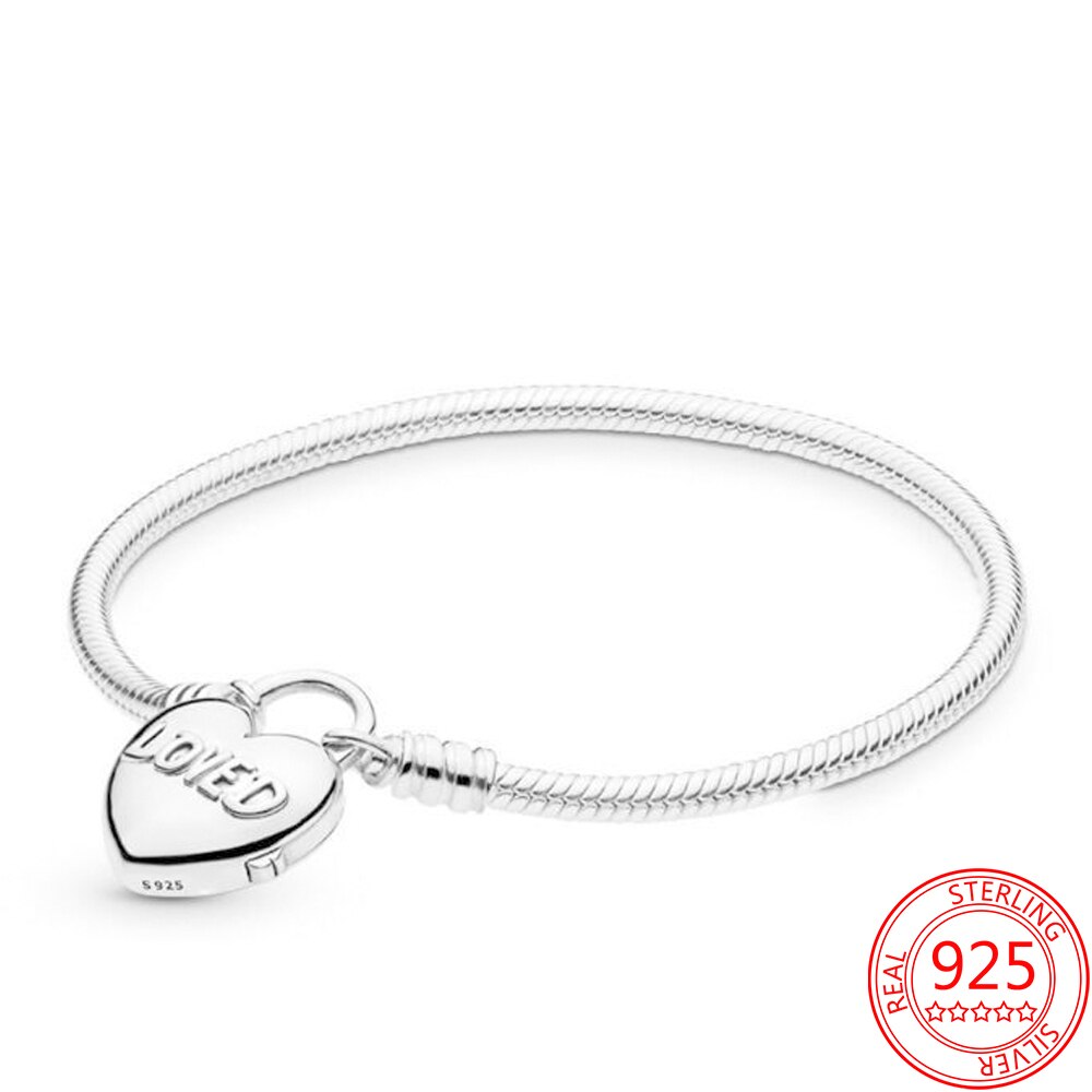 Original 925 Sterling Silver Safety Chain Heart-shaped Buckle Safety Bracelet Charm Fits Moment Bracelet Christmas: 20CM