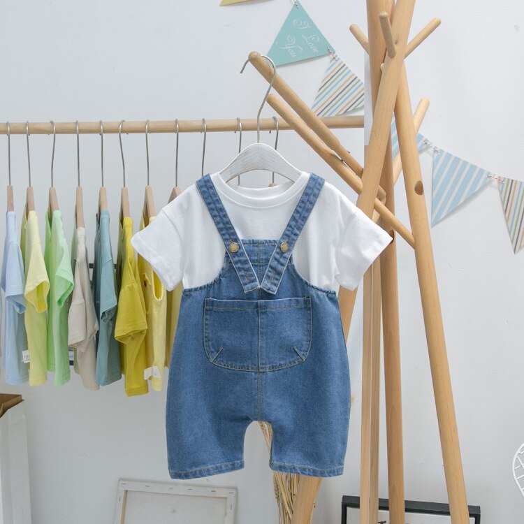 Baby kinderen overalls shorts casual koreaanse meisjes jumpsuit 1 2 3 4 5 jaar peuter jongens denim shorts grote zakken kind jeans